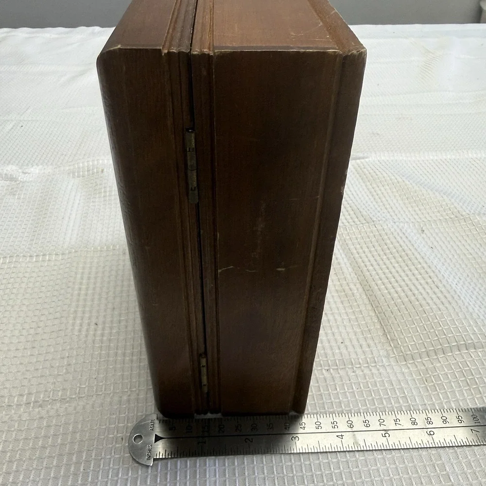 Vintage Wood Jewelry Box‎ Tapestry Lid Gold Velvet Lining Mirror HiMark Japan
